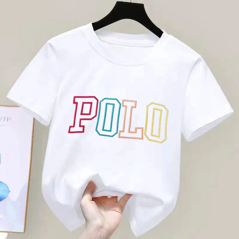 Korean Style Polo Trendy Letter Print Summer Children's T-shirt 100% Pure Cotton Casual Versatile Suitable for Girls' Daily Wear