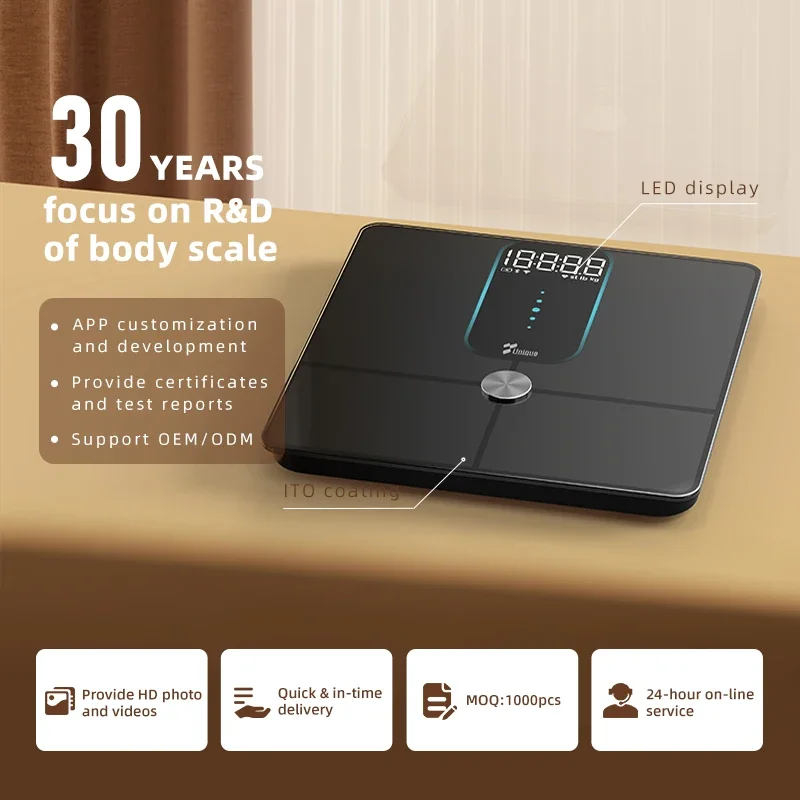 Wholesale 180kg Personal Weighing Scale Bathroom Body Fat Scale Smart BMl Bluetooth Weight Scale With 5mm Glass Ito Coating