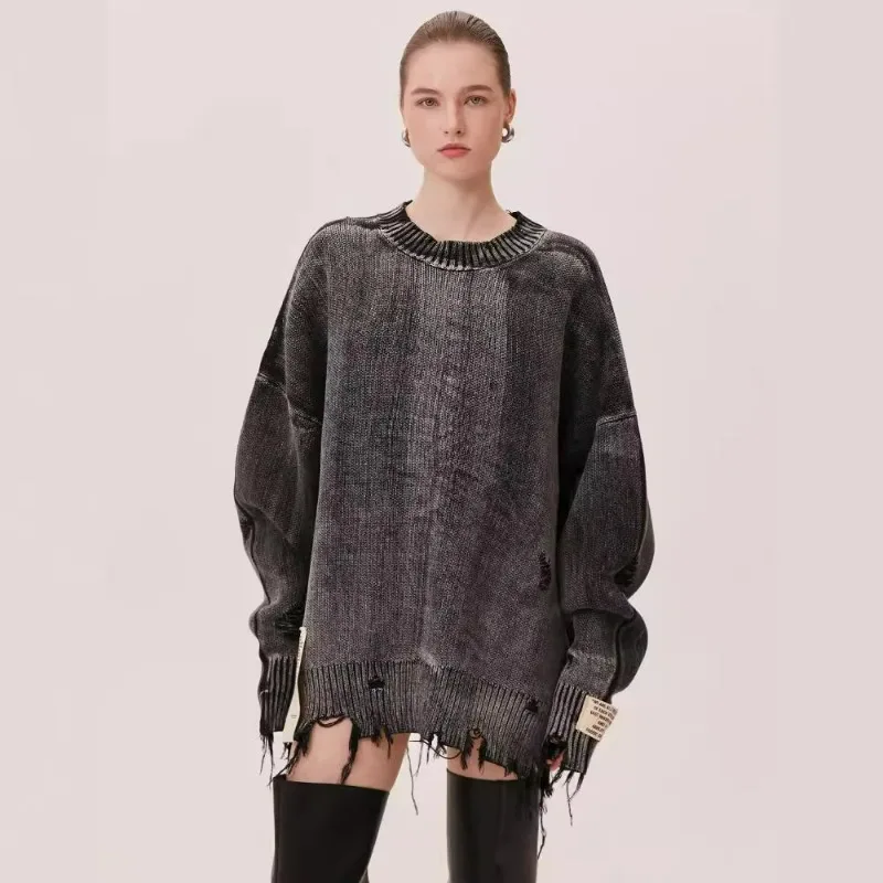 European American Vintage Laid-back Tattered Style Pullovers in Autumn Winter Loose Jacquard Casual Knitted Sweater for Women