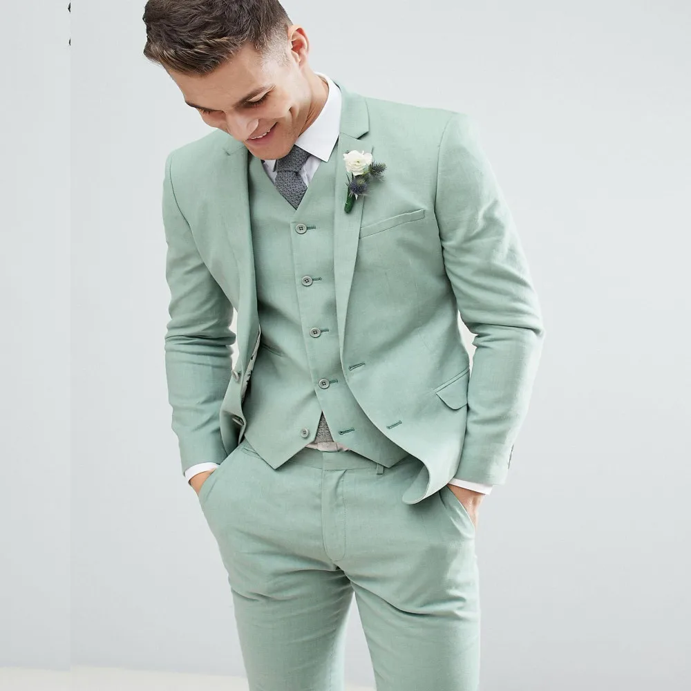 Light Green Men Suit Set Slim Fit Notch Lapel Groom Tuxedos Wedding Suits For Man Costume Homme Mariage 3PCS(Blazer+Pants+Vest)