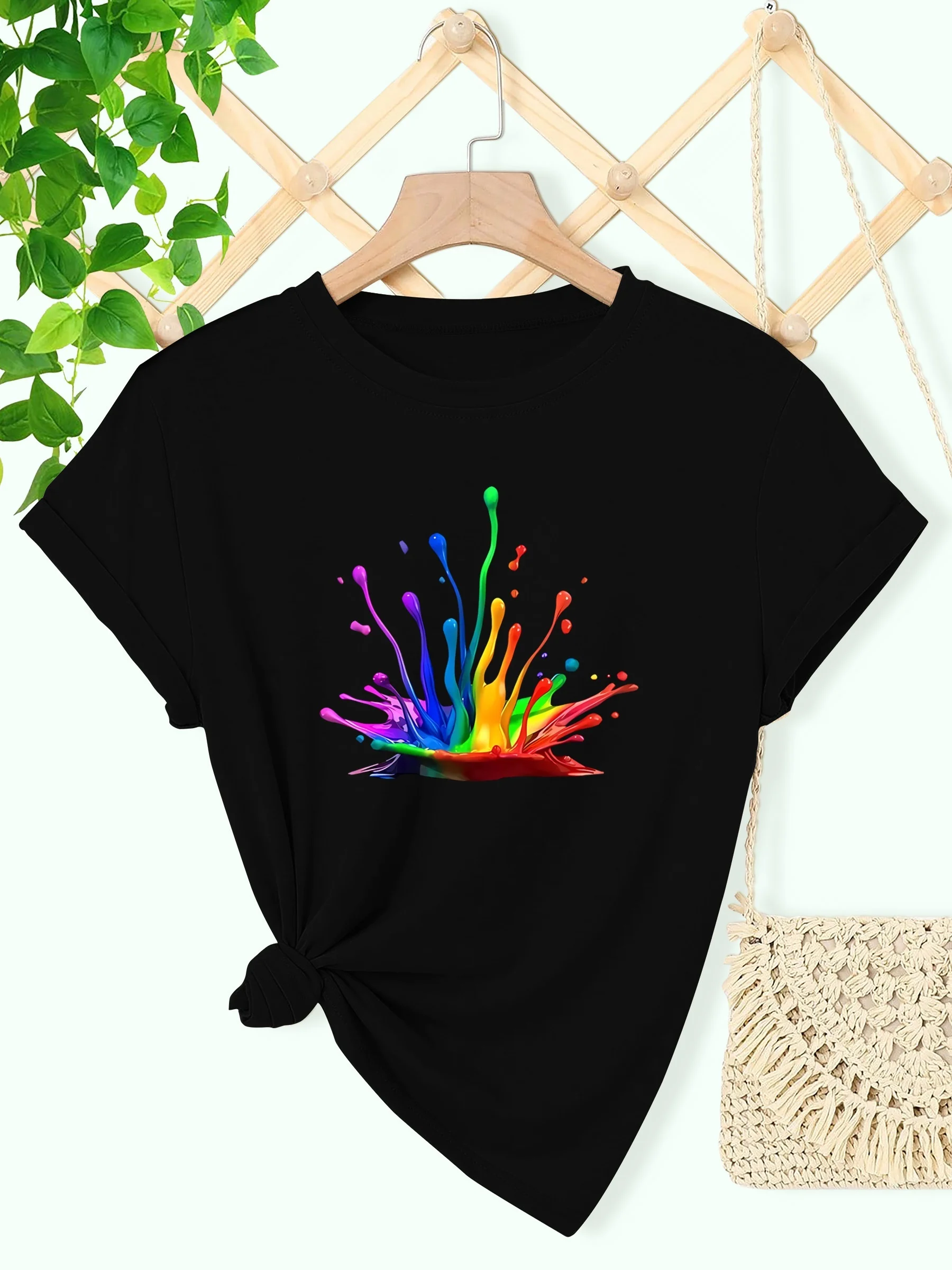 Vibrant Rainbow Splash Print Women's Tee - Casual & Sporty Round Neck Short Sleeve T-Shirt  Machine Washable - Black Streetwear
