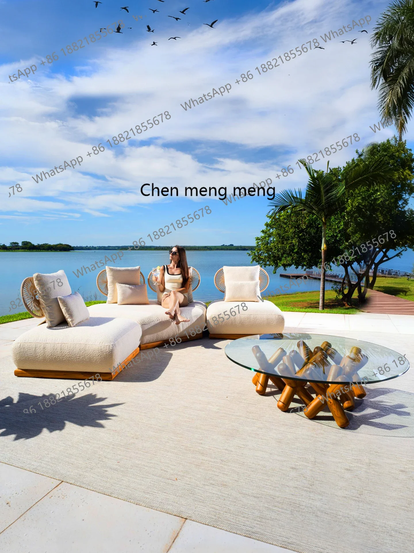 Outdoor sofa courtyard open-air rain and sun protection rattan villa hotel solid wood design outdoor garden