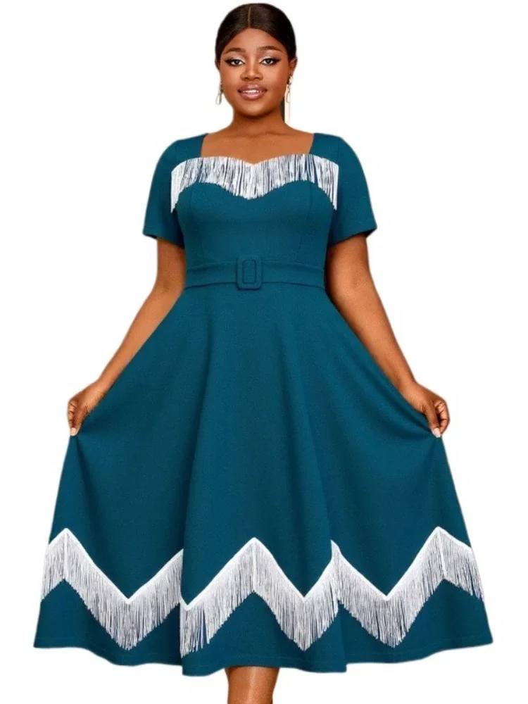 Chic Plus Size A Line Midi Dresses for Women with Fringe Trim and Belted Waist Perfect for Vintage Party or Elegant Day Events