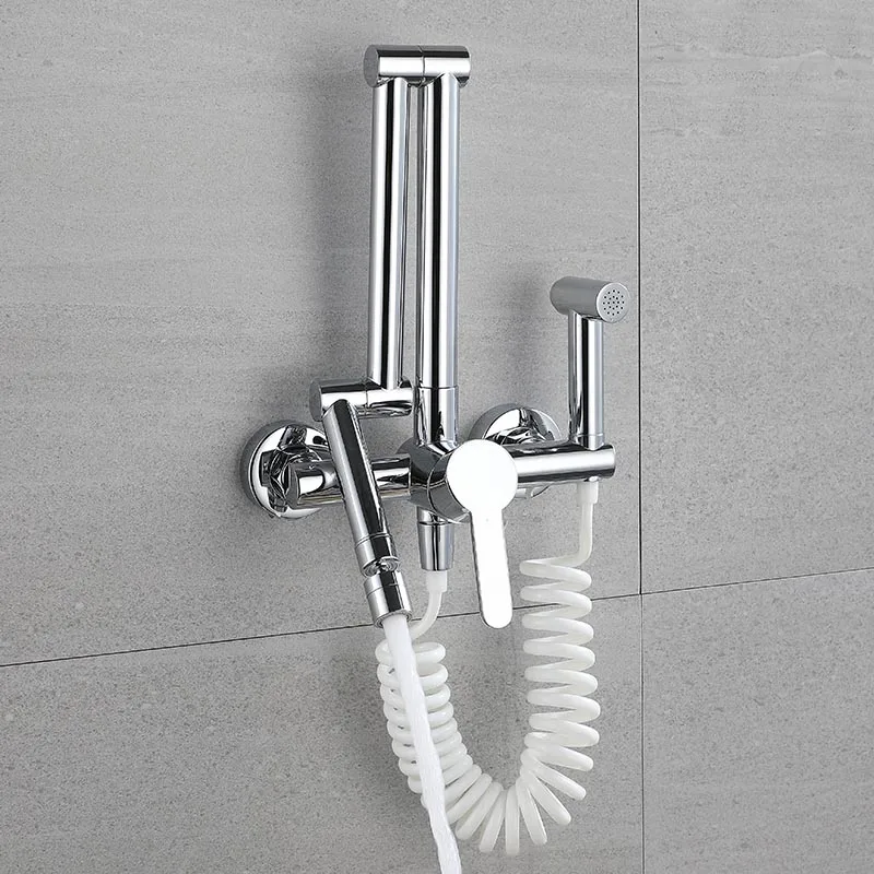 Folding Kitchen Sink Faucet with Sprayer Wall Mounted 2 Modes Rotatable 360° Sink Faucet Dual Hole Hot and Cold Mixer Tap Chrome