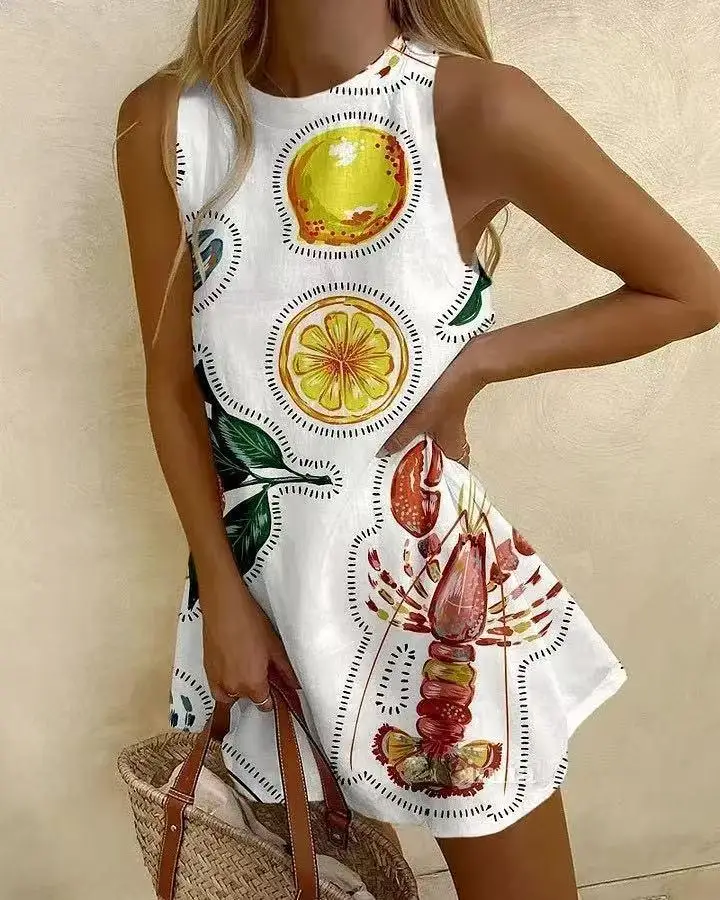 Boho Beach Holiday Abiti senza maniche per le donne 2025 Summer Fashion O-Collo Stampa Mini abito Casual Allentato Hawaii Tank Robe Femme
