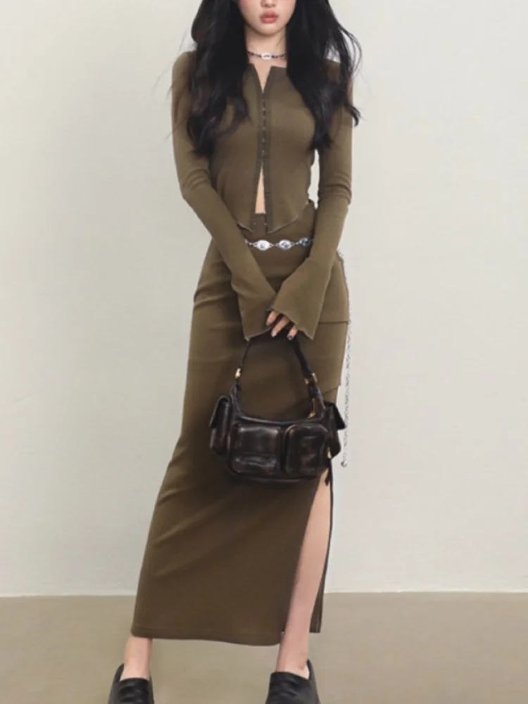 

Winter Vintage Elegant Two Piece Set Women Patchwork Y2k Designer Midi Skirt Suit Female Korean Fashion Solid Casual Set 2023