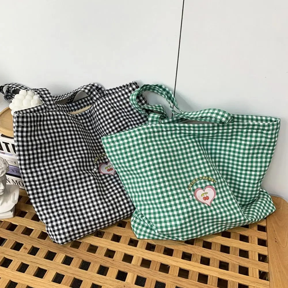 

Fashion Plaid Canvas Handbag Love Cherry Printed Foldable Women's Plaid Shoulder Bag Inner Bag Zipper Casual Preppy Tote Bag