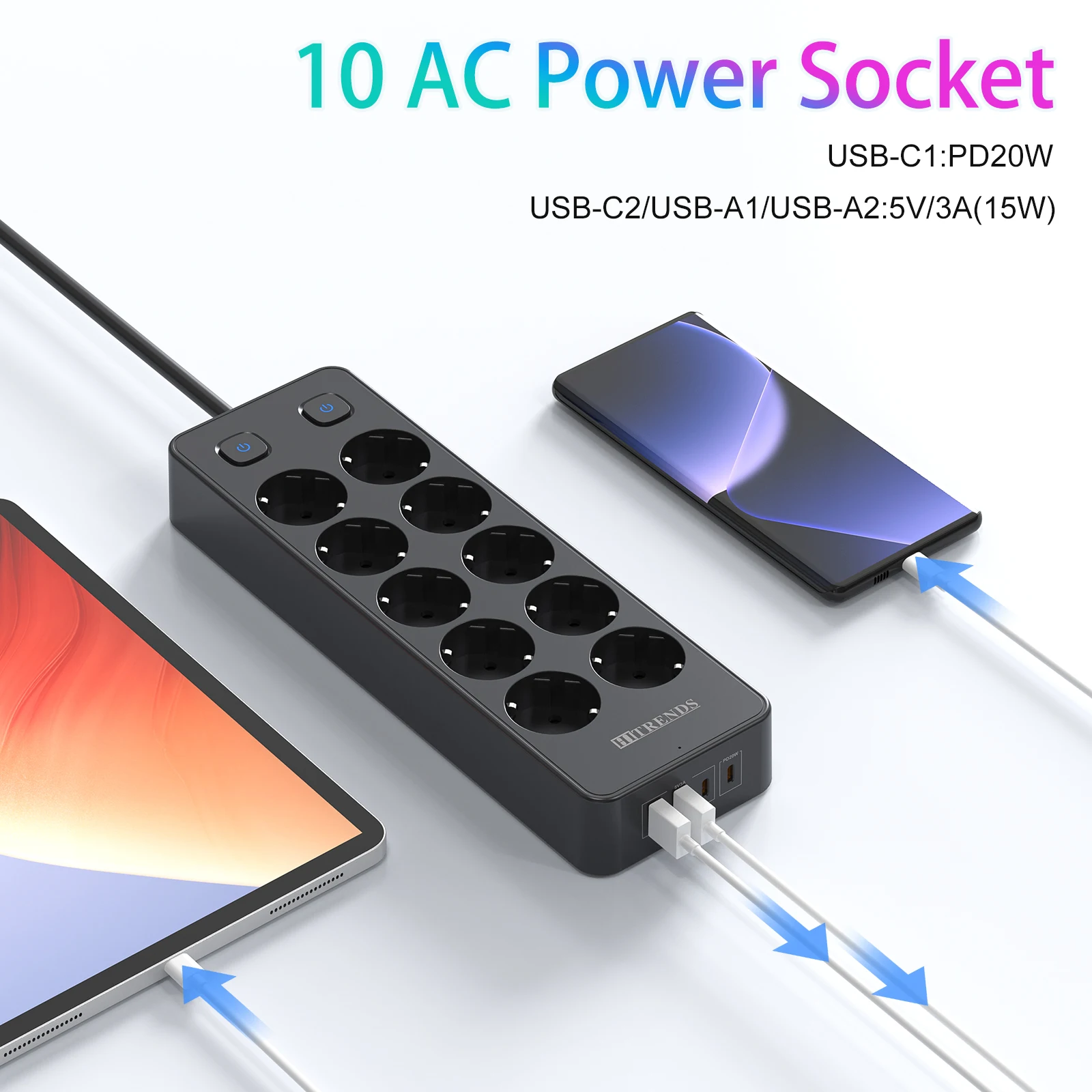 

Плата питания с вилкой европейского стандарта, 10 розетками переменного тока, 4 USB-порта, удлинитель длиной 2 м, защита от перенапряжения с несколькими розетками для дома