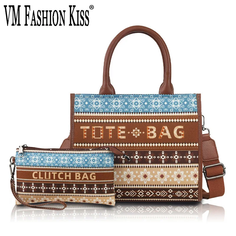 

VM FASHION KISS Bohemian Tote Bag 2-piece Set Canvas + PU Geometric Print Shoulder Bag Wallet And Handbag Crossbody Shoulder Bag