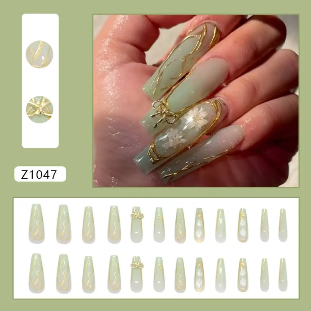 

24pcs Long Water Pipe False Nails Sparkling Rhinestone White Flowers Nail Tips French Green Daisies Fake Nails Women Girls