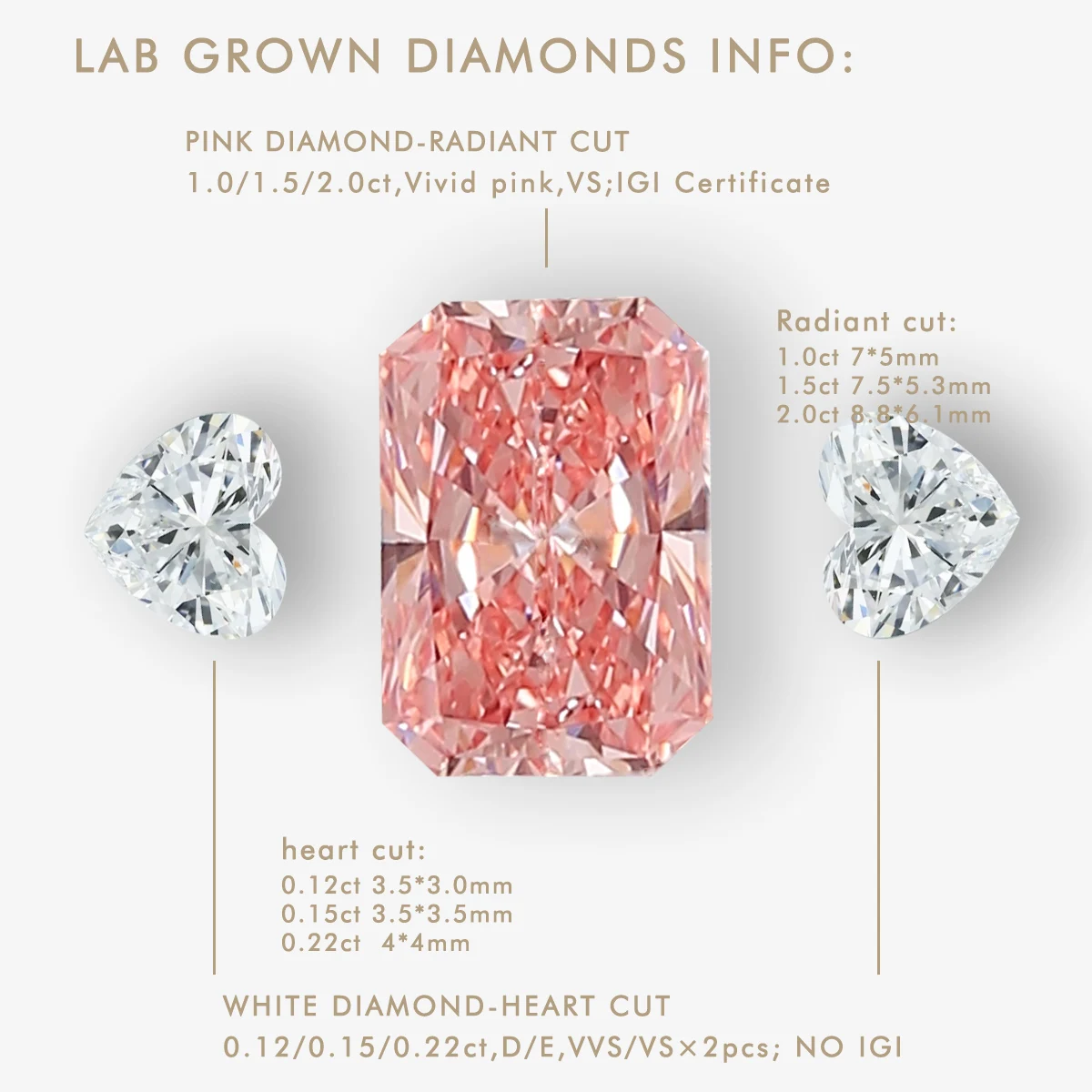 3pcs Pink Radiant Lab Grown Diamonds Set IGI CVD/HPHT Radiant & Heart Loose Diamonds For Making Rings