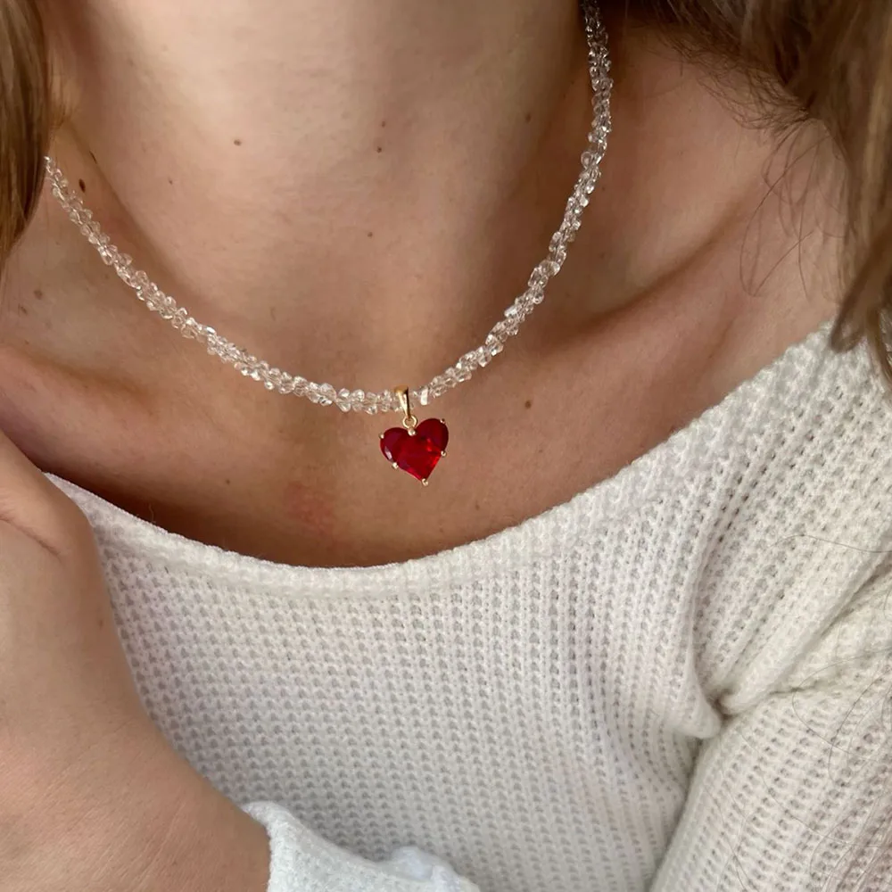 Design Exaggerated Irregular Imitate Pearl Chain With Crystal Heart Pendant Necklace for Women Valentine's Gift X0301