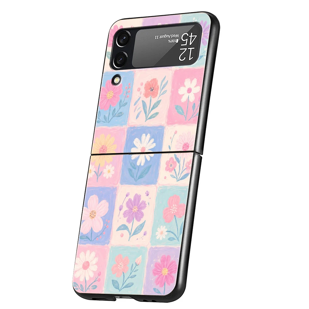 Hard PC Phone Case For Samsung Galaxy Z Flip 8 7 6 5 4 Black Cover For Galaxy Z Flip 3 Foldable Capa Collection Of Spring Flower