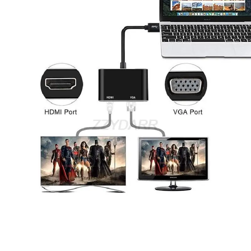 USB 3.0 to HDMI VGA Adapter Converter 1080P HDMI and VGA Sync Output for Computer Laptop to Monitor/TV Dual Screen Display