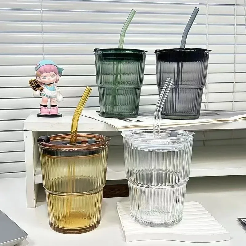 Net Red Wind Vertical Stripes Ins Coffee Glass Lid Straw Water Cup Good-looking Ice American Coffee Mug  Latte Milk Cup 450ml