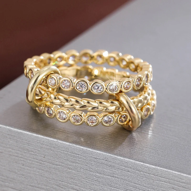 Three-Piece Stackable Rings Set For Women Copper Synthetic Zirconia Three-color Design Ring Finger Jewerly