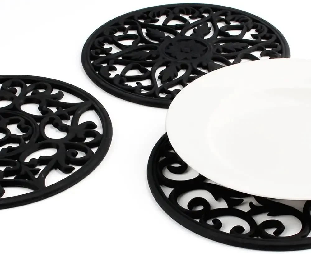 Set Silicone Multi-Use Intricately Carved Trivet Mat - Insulated Flexible Durable Non Slip Coasters