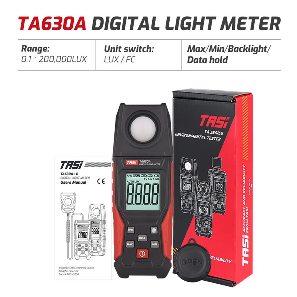 Lux Meter Backlight LCD Display 0.1~200000LUX/0.01~20000FC Light Sensor Tester TA630A TA630B Digital Light Meter luminance