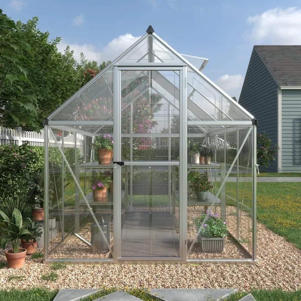 

6x8 FT Hybrid Polycarbonate Greenhouse 2 Vent Window with Lockable Hinged Door Walk-in Hobby Greenhouse Aluminum Hot House