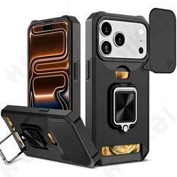 Case For iPhone 17 16 15 14 13 12 11  Pro Max XS Plus Slide Camera Card Holder Slot Duty Wallet Protective With Ring Stand Cover