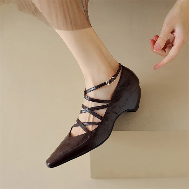 New Spring Summer Genuine Leather Women Shoes Square Toe Shallow Women Pumps Mary Jane Shoes for Women Straps Gladiator Shoes