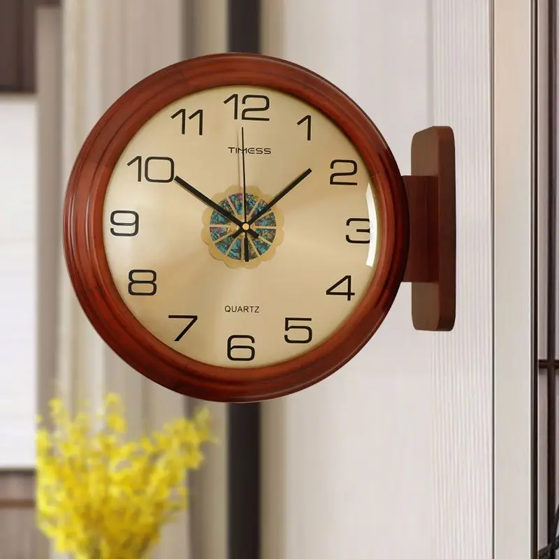 Wooden Double-sided Wall Clock Living Room Fashion Two-sided Clock Modern Silent Clock Corner Elegant Home Decoration Clocks