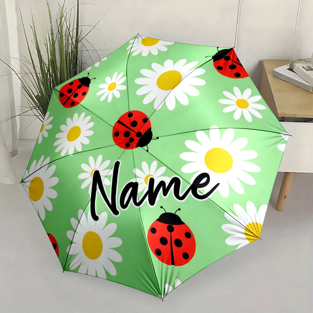 Custom Name Umbrella Colorful Ladybug and Daisy Design Umbrella Print 8 Iron Ribs Folding Umbrella Auto-Open Fashion Sunshade