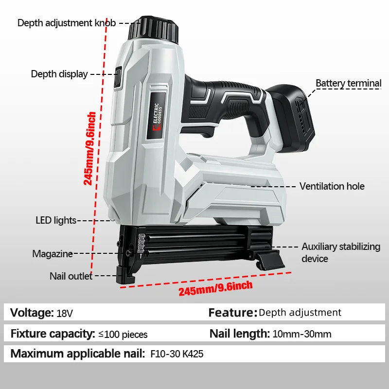 F30 K425 Cordless Electric Nail Gun Depth Adjustment Nailer/Stapler Gun With 500 Nails For Makita/Dewalt 18/20V Battery Pin