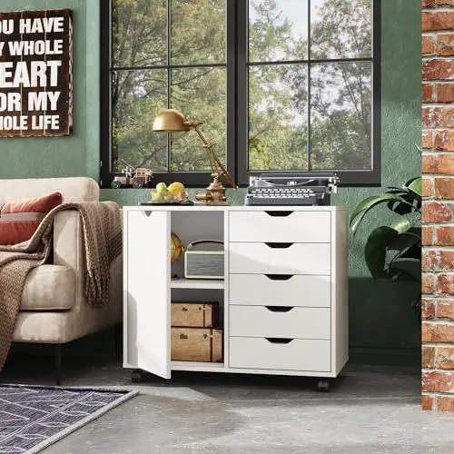 5-Drawer Wood Drawer Cabinet, Office Storage Cabinet, White | Craft Storage Cabinet, Under Desk Drawer, Rolling Cart