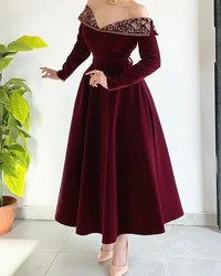 Customized Retro Velour Embroidery Pattern A-line Off-the-shoulder Midi Dresses Bespoke Occasion Dresses Formal