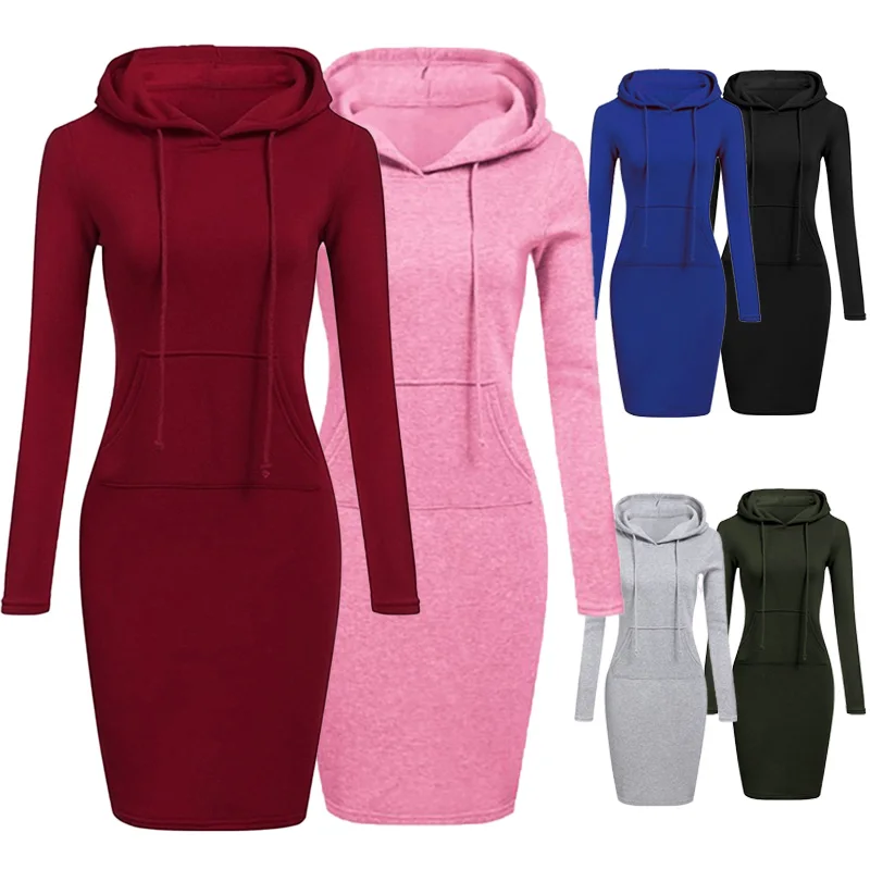 

Women Hoodies Winter Dresses Women Solid Color Long Sleeve Sweatshirts Bodycon Autumn Dress Women Robe Femme Knee Length Dress