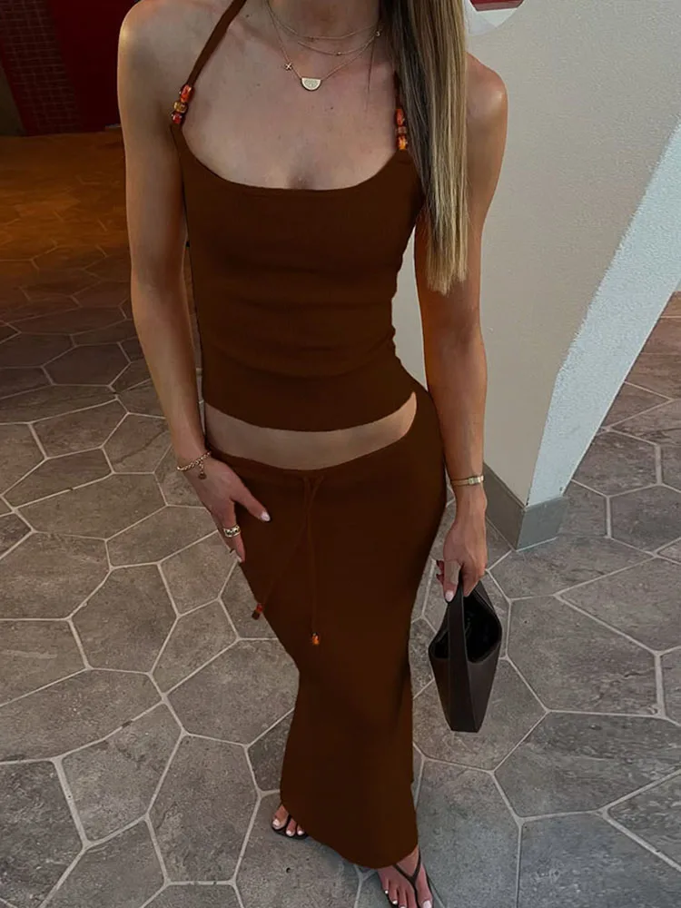 Kliou Sederhana Musim Panas Yang Sesuai dengan Set Klasik Padat Perban Halter Slim Backless Tank + Rok Maxi Wanita Dasar High Street Setelan