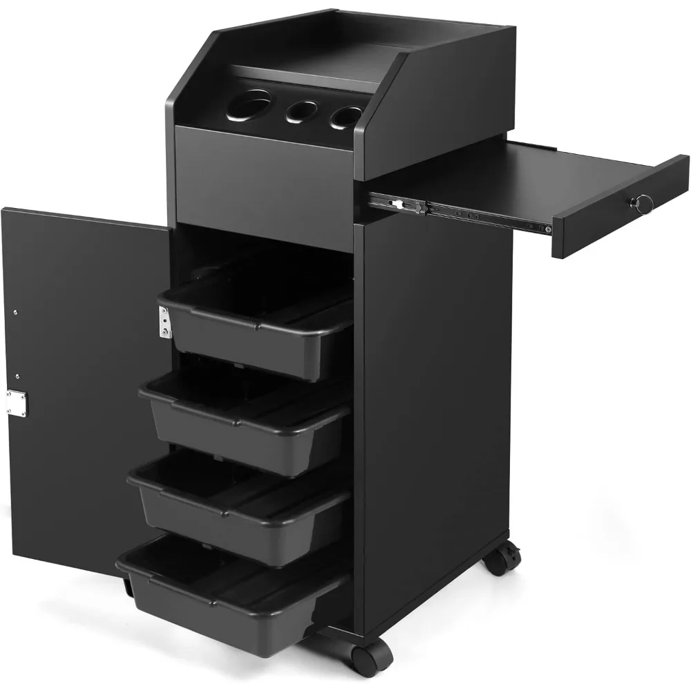 Salon Trolley Opbergkar Met Föhn Houders, Sleutels En Afsluitbare Wielen, Mobiele Salon Apparatuur Voor Beauty Spa Tattoo, Zwart