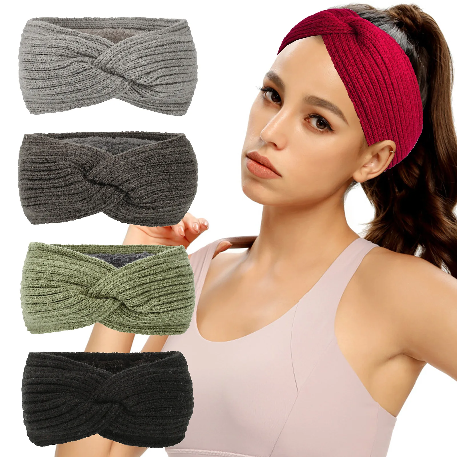 

Plush Autumn Winter Thicken Knitting Woolen Wide Headband For Women Plush Lined Headwrap Hairbands Keep Warm Female Ear Warmers