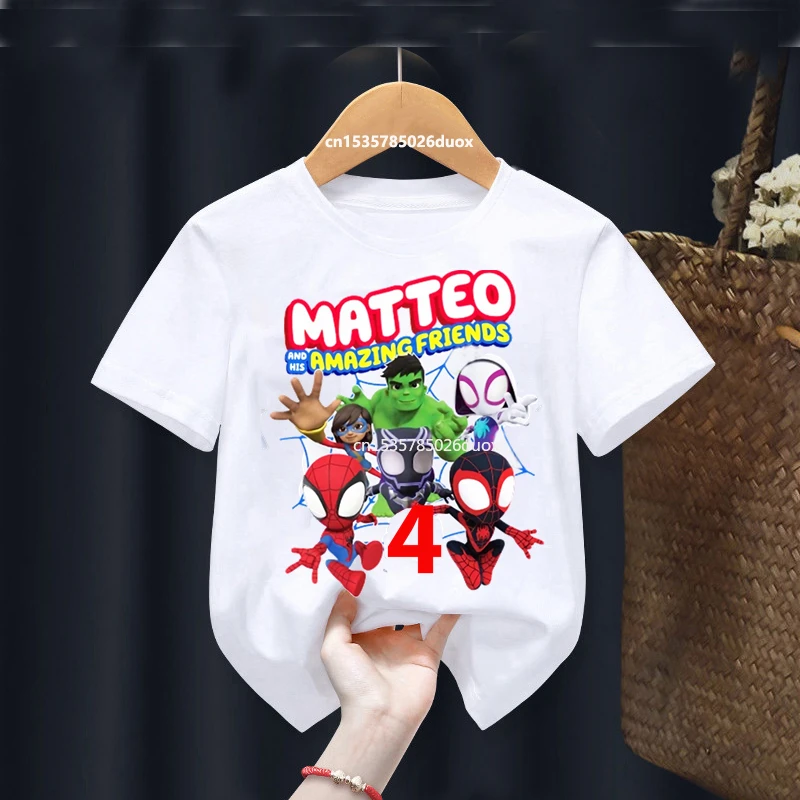 Camiseta de manga corta para niños, camisa de cumpleaños de amigos increíbles, Spiderman, nombre personalizado, 2, 3, 4, 5, 6, 7 y 8 años