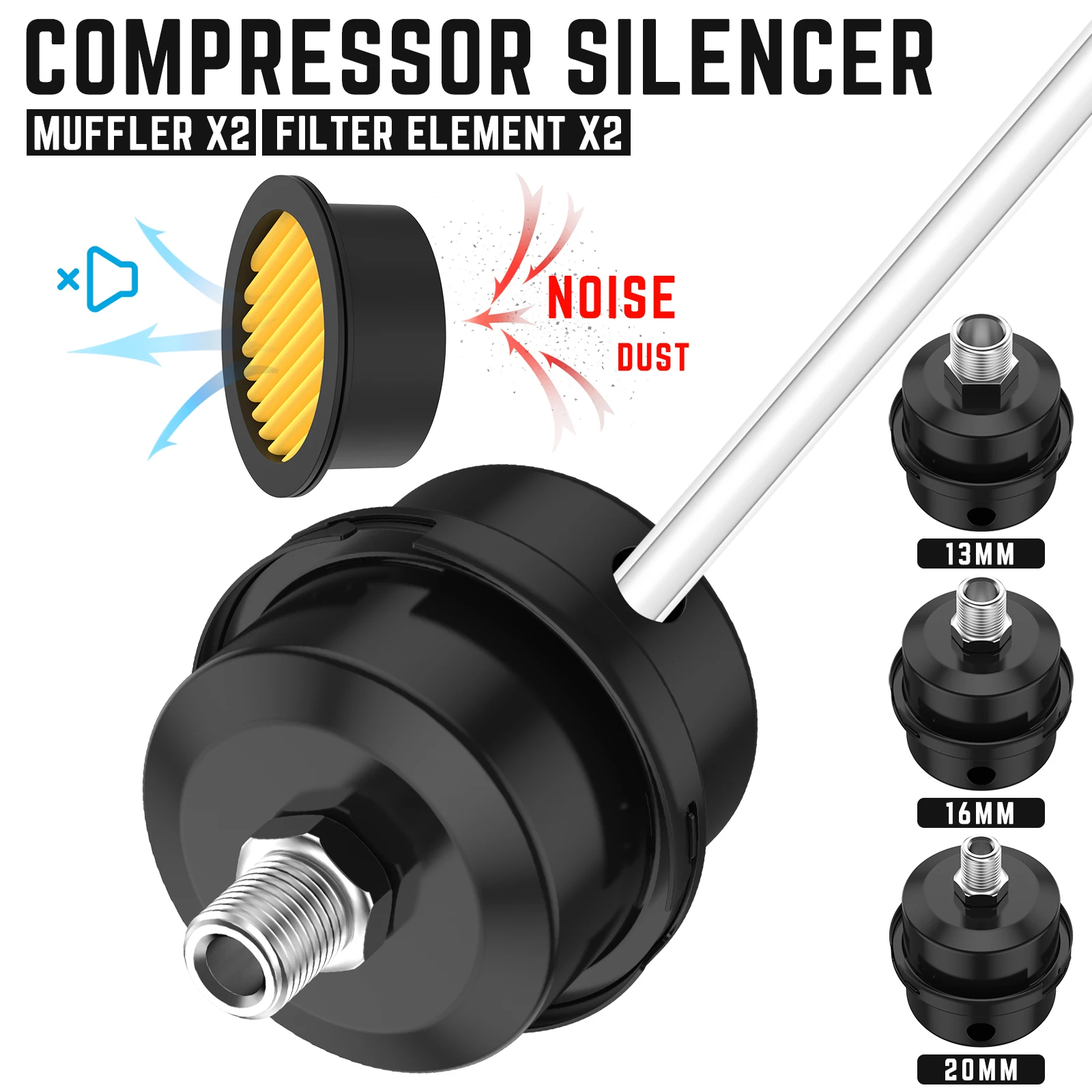 

2pcs Air Compressor Silencer Sturdy Metal Air Compressor Intake Filter Sound Muffler with 2 Filter Cartridge Air Compressor