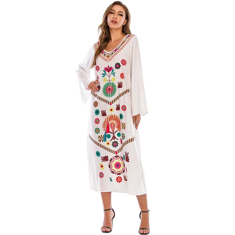 

Middle East plus Size Women's Clothing European and Bohemian Tassel Long Dress Printed