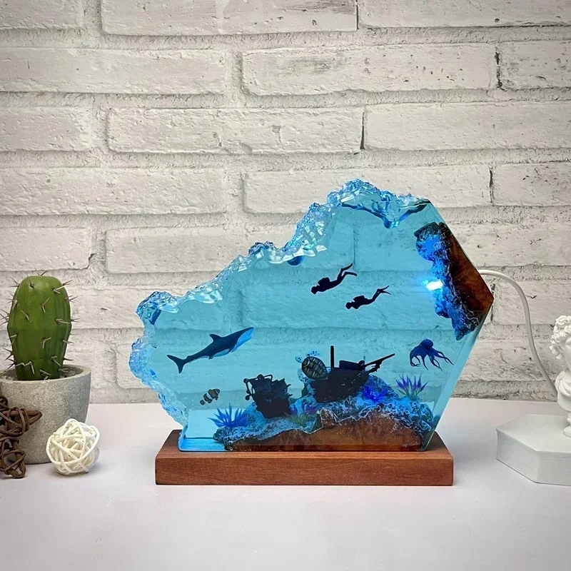 Seabed World Organism Resin Table Light Creactive Art Decoration Lamp Shark Sunken Ship Octopus Theme Night Light  USB Charge