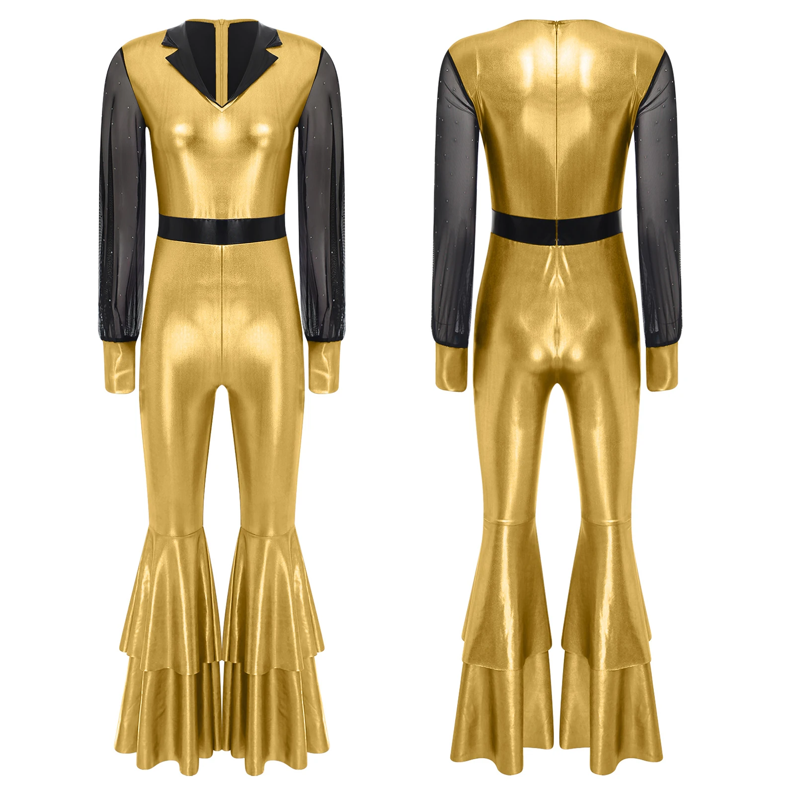 Pagliaccetti da ballo da discoteca da donna anni '70 e '80 Maglia lucida a maniche lunghe a strati con fondo a campana Pantaloni lunghi svasati Tute Tuta metallizzata lucida
