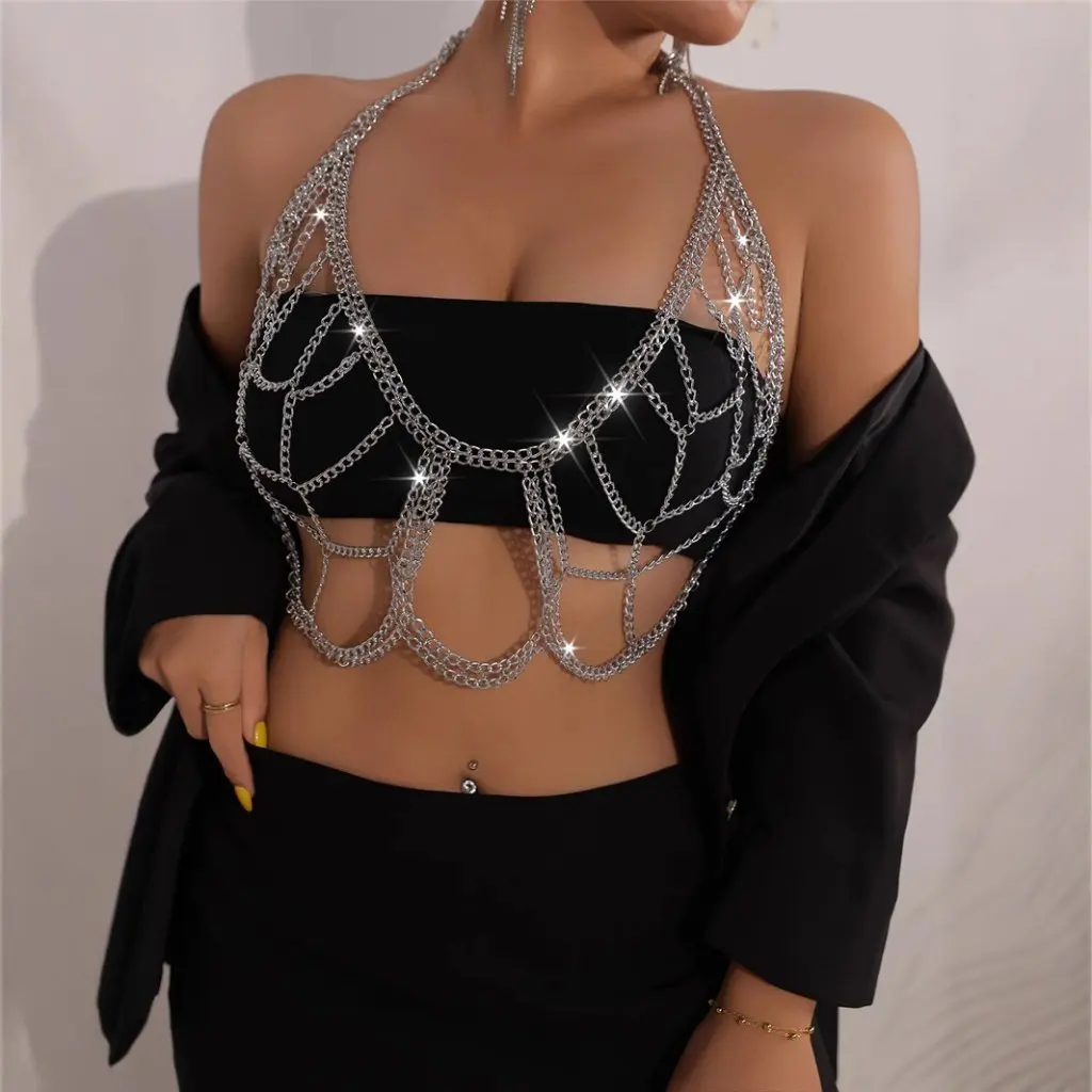 

New Fashion Metal Rhinestone Body Chain Multi-Layer Aluminum Chest Chain for Women Music Festival Style Spice Girls Inspired