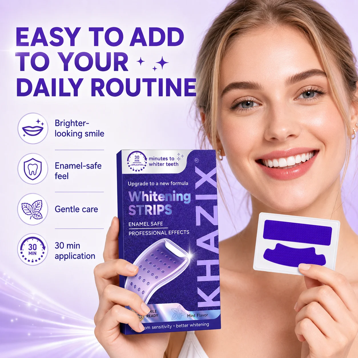 Zahnaufhellungsstreifen-Set 2/3/7 Stück, sanfte violette Aufhellungsstreifen für die Zahnschmelzpflege und strahlendere Zähne. – Detail 3