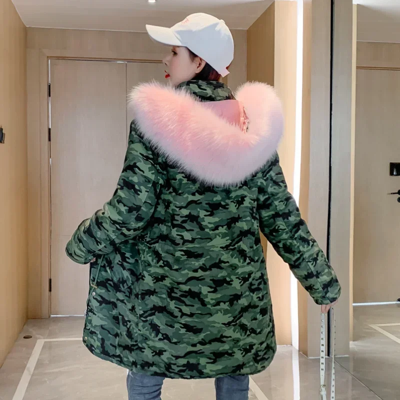 Women\'s camouflage Quilted Coat Thickening Cotton Warm Jacket Wrap Coat Hooded Parka fur collar detachable Winter Coat for Women