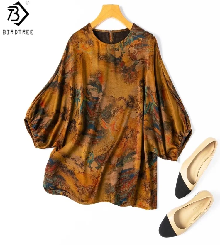 

Birdtree 100% Mulberry Silk Retro Print Shirt,Women Pearl Satin Xiangyun Yarn Lantern Sleeve O-neck Summer Loose Blouse T58533JF