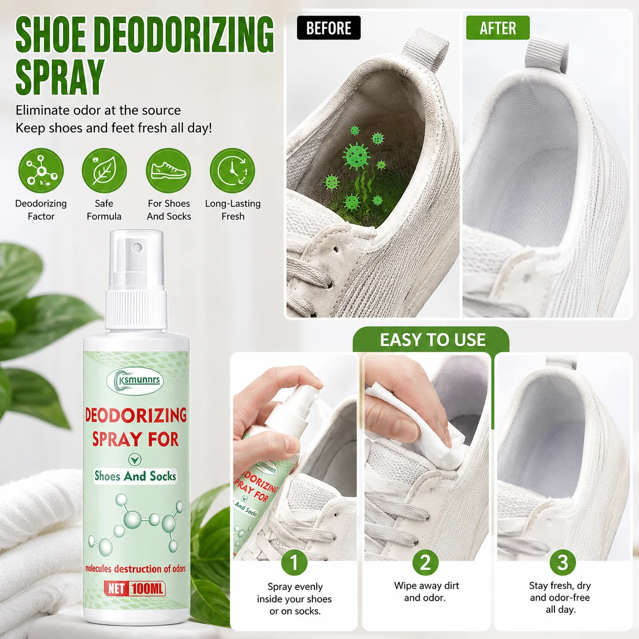 

Shoe Deodorizing Spray Foot Odor Eliminator for Shoes Socks and Long Lasting Freshness