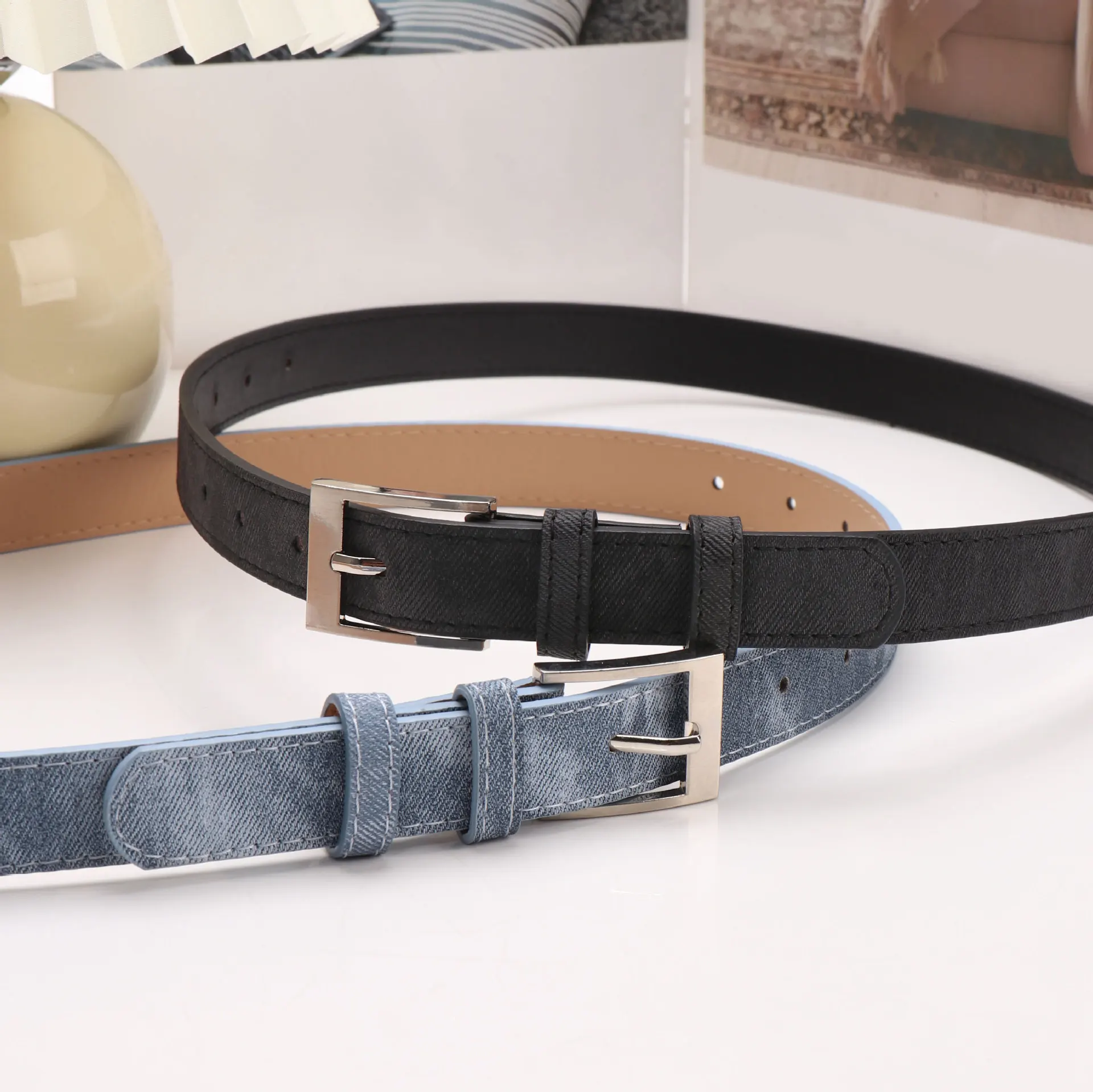 New Buckle Decorative Belt Denim Pattern Women Jeans Versatile