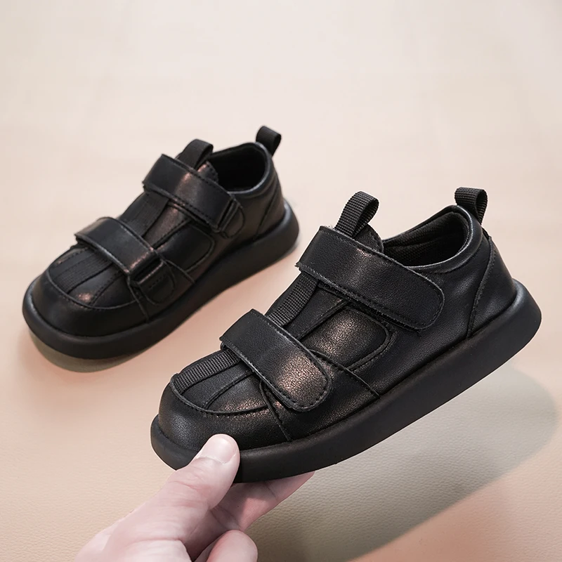 Kids sCasual Shoes Double Hook&loop Children Leather Shoes Black Versatile 2026 Brand New Boys Girls Flat Soft Sole Non-slip