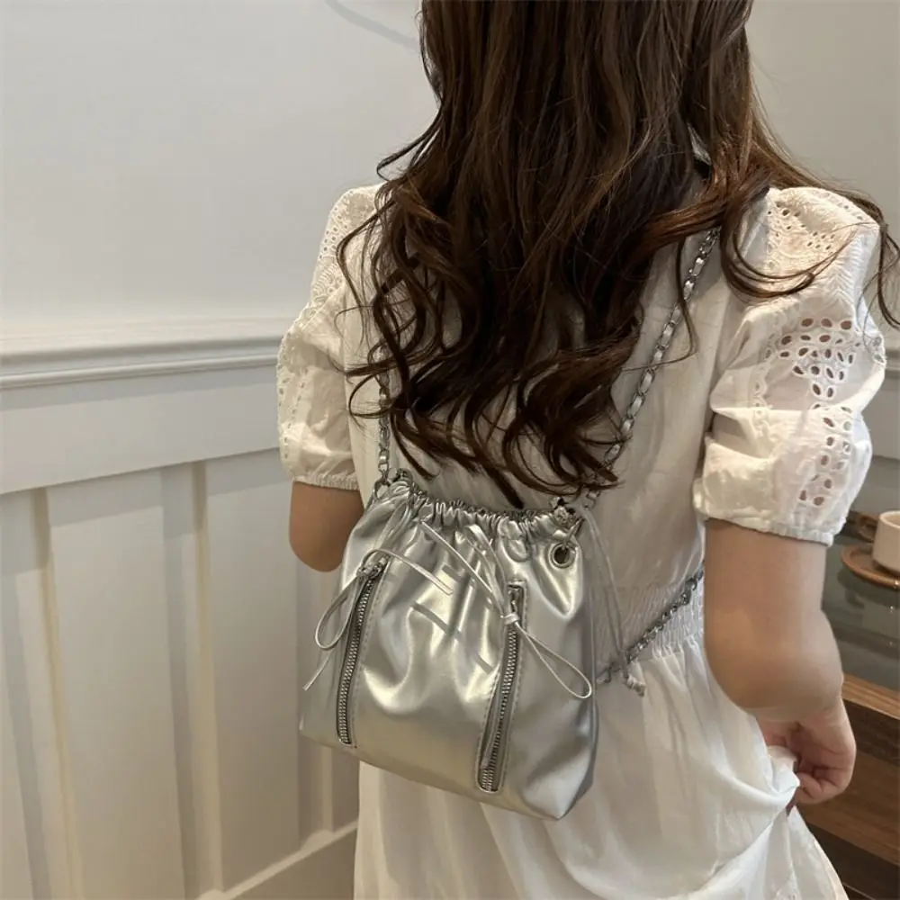 

Fashion Small Bowknot Drawstring Bag PU Leather Korean Style Bow Shoulder Bag Chain Pleated Bowknot Backpack Girl