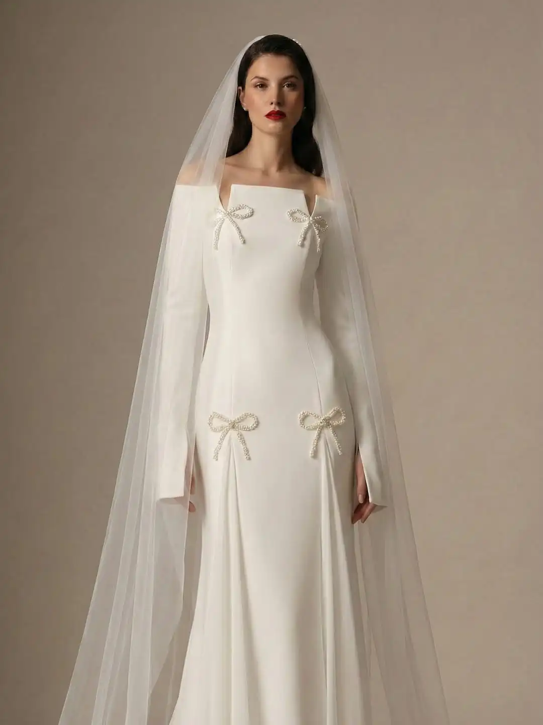 

Ramadan Custom Elegant Off-Shoulder Wedding Gown Long Sleeve Evening Prom Party Mermaid Dress Pearl Bow Chapel Train Saudi