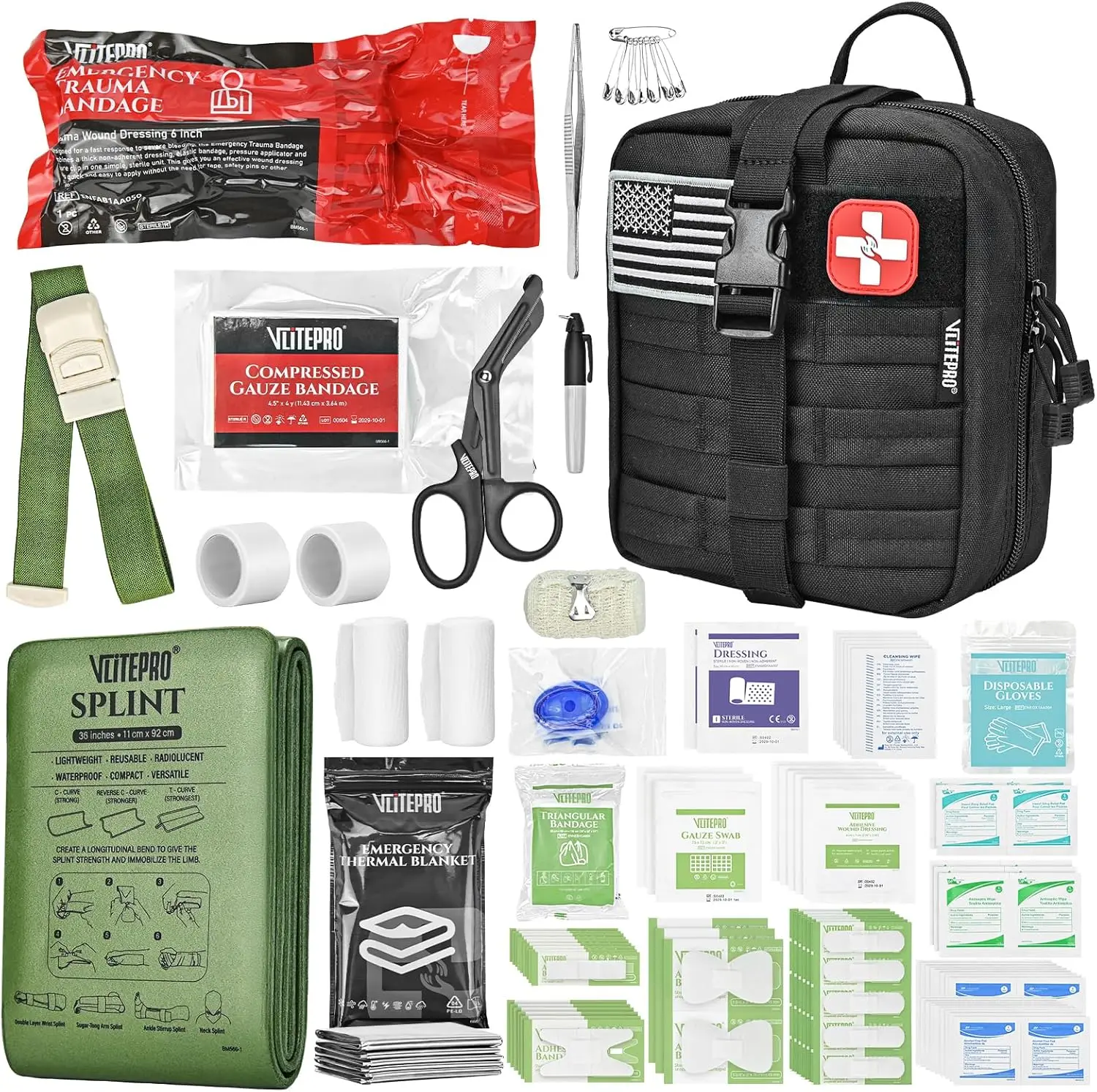 

Tactical First Aid Kit with Trauma Bandage, Splint, Tourniquet for Military Camping Hiking Travel Black