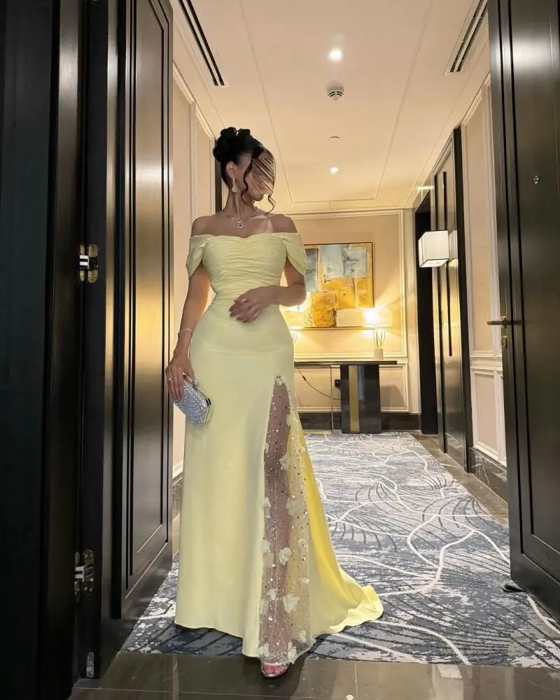 

Jirocum Yellow Off-Shoulder 3D Flower Mesh Slit Long-Sleeve Trailing Gowns Luxury Formal Prom Gala Red Carpet Evening Dresses